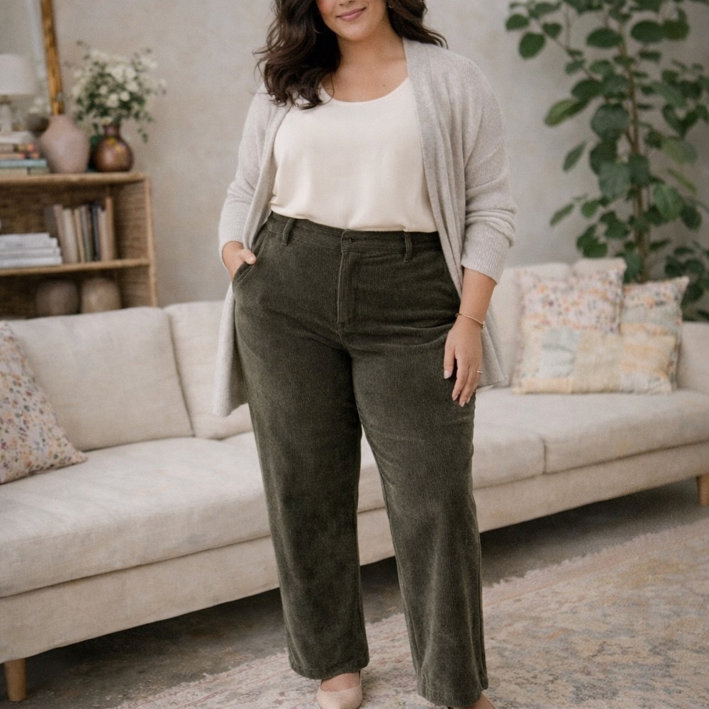 COLDWATER CREEK WHISPER CORDUROY DARK OLIVE WIDE LEG TROUSERS PANTS SIZE 18W